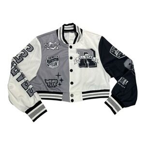 All Star Fearless Crop Black White Varsity Jacket Med Streetwear Minimalist Y2K